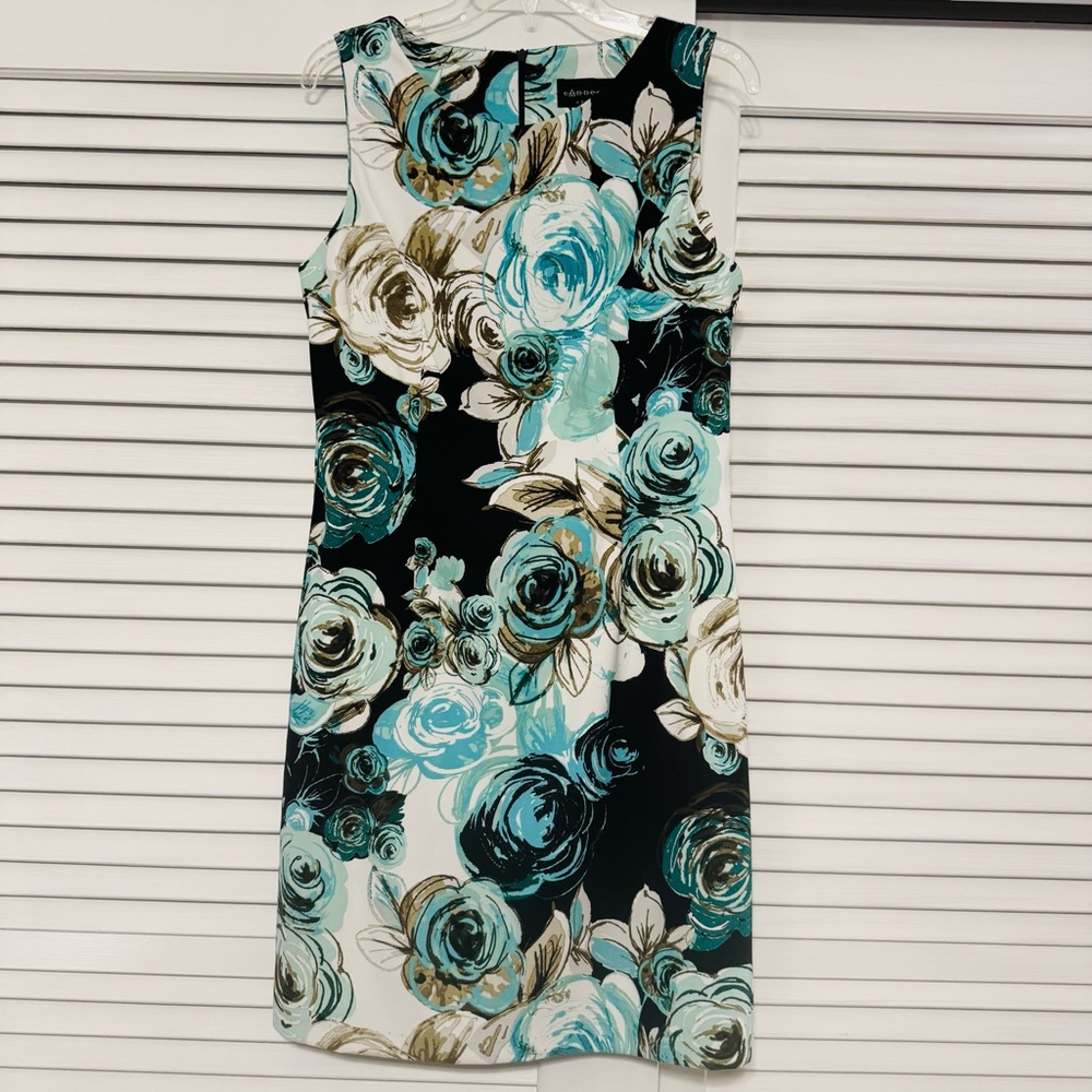 Connected Apparel Teal Greens & Blue and Black Floral Sleeveless Dress size 12